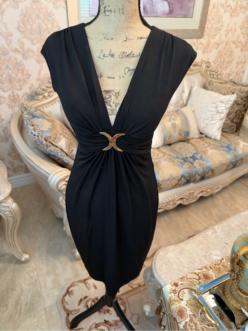 Cache Black V-Neck Mini Dress with Gold Buckle Accent